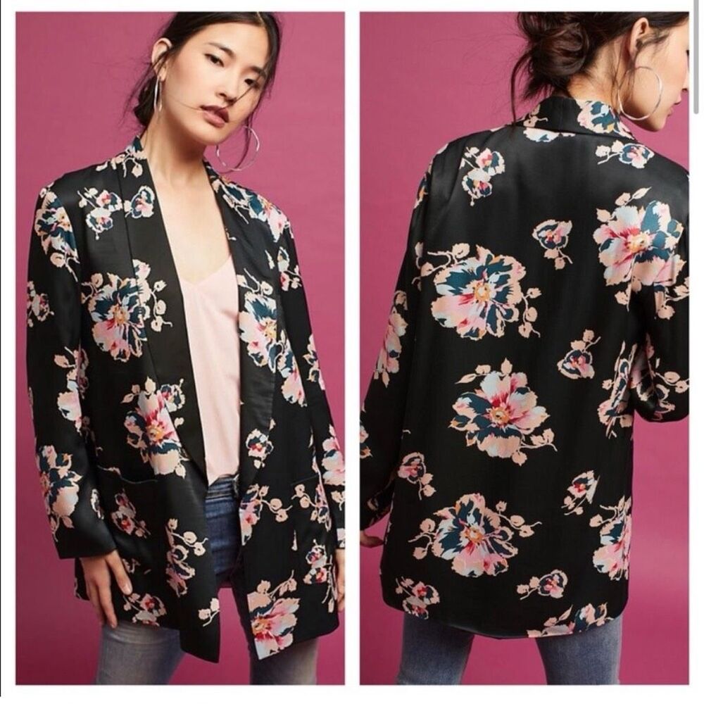 Anthropologie Ett Twa Tavie satin floral blazer‎ jacket Size XS black